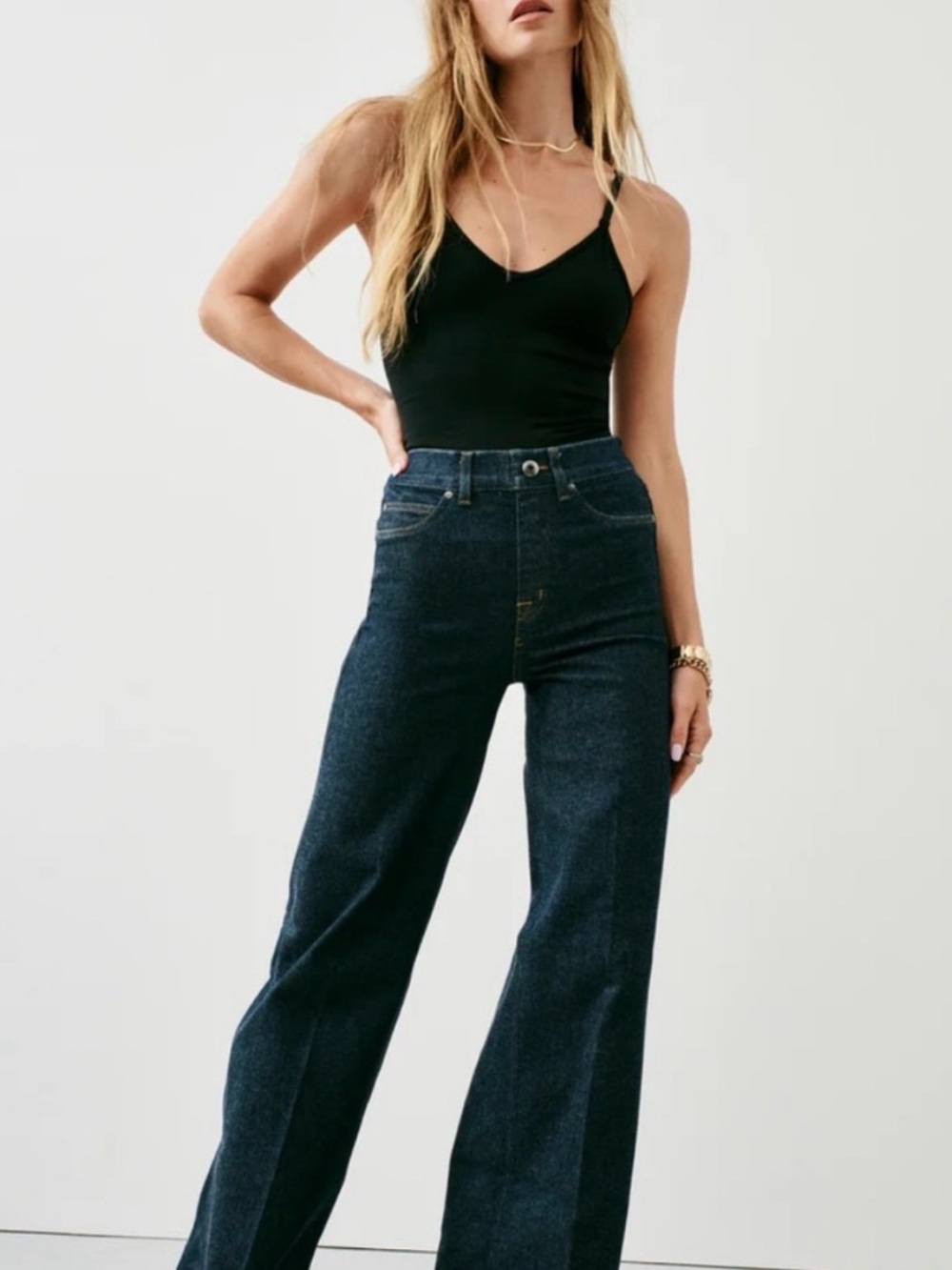 SPANX Women's Wide-Leg Jeans in Dark Blue Denim with tummy control